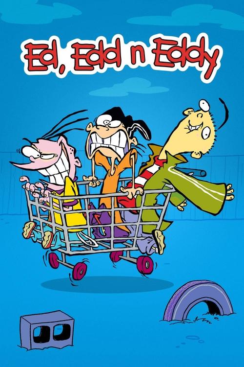 The poster features three animated characters—a boy, a girl, and a dog—cartwheeling through a shopping cart filled with colorful items. The vibrant blue background with playful clouds and a rainbow adds whimsical charm. The mood is lighthearted and fun, capturing the essence of the show's animate...