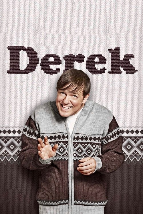 The poster features a cheerful man in a cozy sweater against a textured background, exuding warmth and humor. The bold title "Derek" sets the tone for a fun, relatable sitcom.