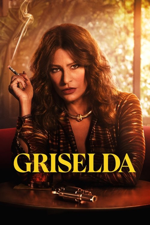 The poster features a glamorous woman with wavy brown hair, holding a cigarette and wearing a leather jacket. She exudes confidence against a warm, golden background. The title "GRISELDA" is prominently displayed in bold yellow letters at the bottom, creating a striking contrast. The overall mood...