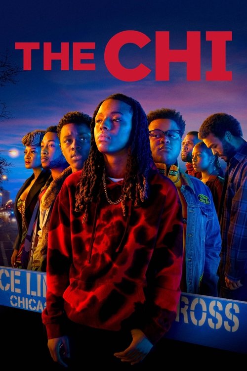 The poster features a group of diverse individuals in a dimly lit, atmospheric setting, evoking a sense of mystery and intrigue. The cool blue tones and shadowy figures create a mysterious mood, while the bold red title "THE CHI" stands out prominently. The composition suggests a story about comm...