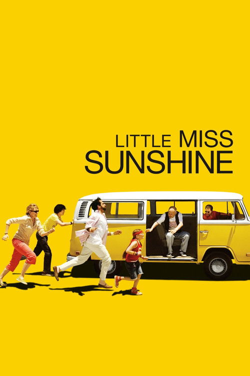 A vibrant yellow poster features a group of people joyfully running on a bright yellow van, exuding a carefree and energetic mood. The bold text "LITTLE MISS SUNSHINE" anchors the image, capturing the essence of the film's upbeat and spirited narrative.
