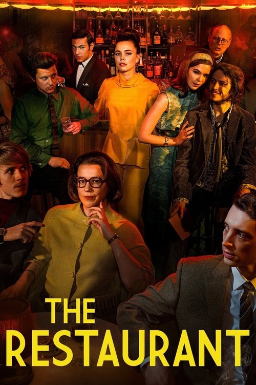 The poster features a dimly lit, atmospheric scene with a group of people in various outfits, suggesting a lively social gathering. Warm tones and shadows create an intimate and mysterious mood, while the bold yellow text "THE RESTAURANT" anchors the image, hinting at a culinary theme.
