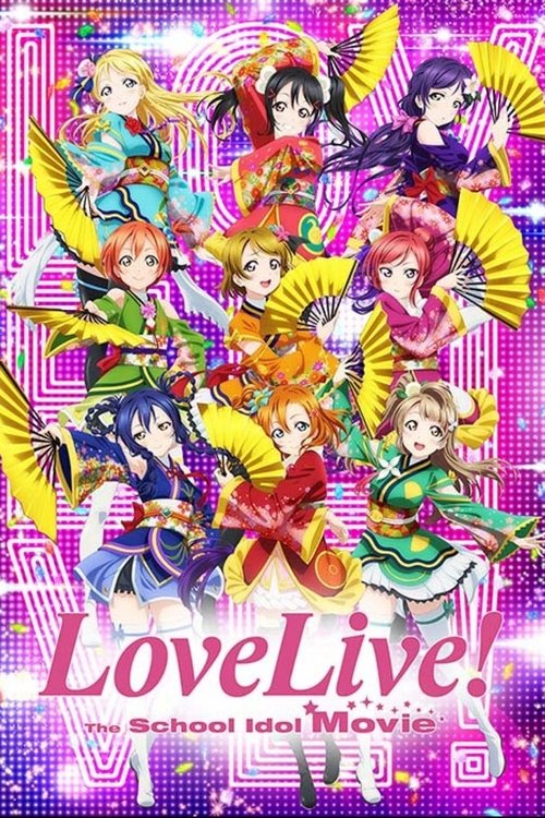 The vibrant poster features a group of colorful anime characters in dynamic poses, exuding energy and joy. The bright pink and purple hues create a lively atmosphere, while the bold title "Love Live!" adds a playful and engaging tone.