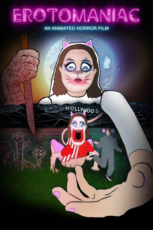 The poster features a creepy woman with wide eyes and a red dress being held by a giant hand. A small demon-like figure with a red dress sits on her shoulder, while a ghostly figure looms in the background. The dark, eerie atmosphere is enhanced by the purple and black color scheme.
