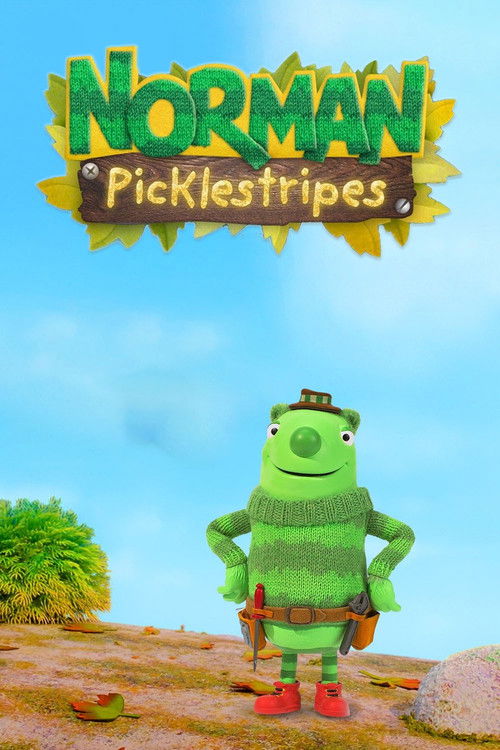 The poster features a cheerful green monster character, Norman, standing confidently against a bright blue sky. The title "Norman Picklestripes" is displayed in bold, playful letters with a rustic brown background. The overall mood is lighthearted and inviting, capturing the essence of a fun, ani...
