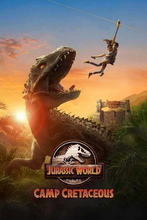 A lone astronaut floats above a roaring T-Rex in a dramatic sunset, while a massive dinosaur looms over a crumbling castle. The warm orange glow contrasts with the cool blues, creating a tense, adventurous atmosphere that hints at the thrilling journey ahead.
