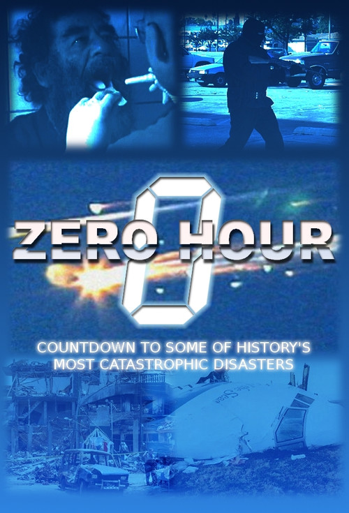 The poster features a dark, moody atmosphere with cool blues and blacks. It showcases a man smoking in the top left corner, a silhouette of a person walking in the background, and a large "0" in the center. The title "ZERO HOUR" is prominently displayed in bold, metallic letters. The bottom secti...