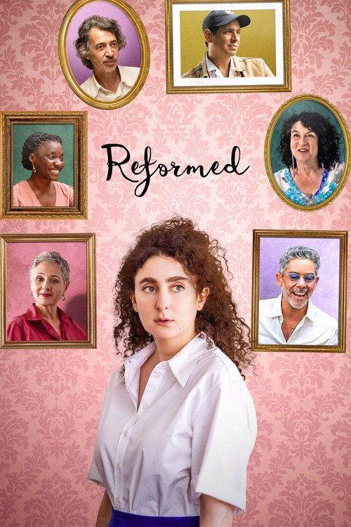 The poster features a woman in a white shirt against a pink background, surrounded by six framed portraits of diverse individuals. The mood is serious yet hopeful, suggesting themes of transformation and community.