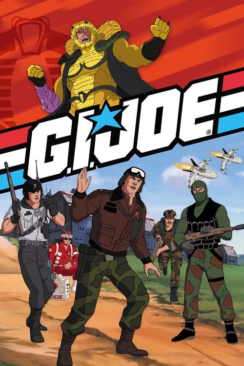 This vibrant poster features a dynamic scene with a central soldier in a brown vest and green uniform, surrounded by other soldiers in various combat gear. The background showcases a dramatic sky with red and orange hues, while futuristic aircraft hover above. The bold "G.I. Joe" logo dominates t...