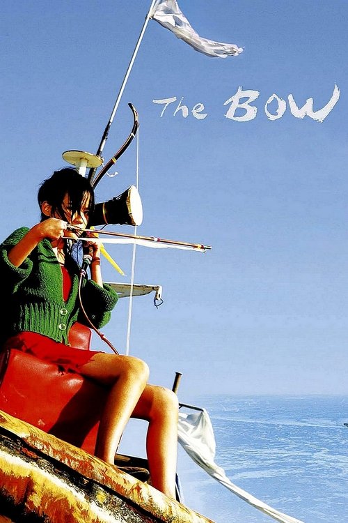 A woman in a green sweater and red skirt sits on a wooden boat, playing a bow with a bow in her hand. The ocean stretches out behind her under a clear blue sky. The title "The Bow" is written in white script on the boat's edge.