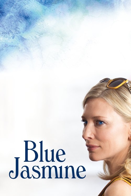 The poster features a woman with sunglasses resting on her head, exuding elegance against a serene blue and white backdrop. The title "Blue Jasmine" is elegantly displayed in dark blue text, evoking a sense of mystery and intrigue. The overall composition suggests a film about a woman navigating ...
