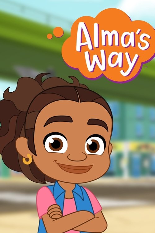 A vibrant cartoon girl with brown hair and a cheerful smile stands confidently in front of a colorful school building. The bright orange speech bubble above her reads "Alma's Way," evoking a fun and positive atmosphere.