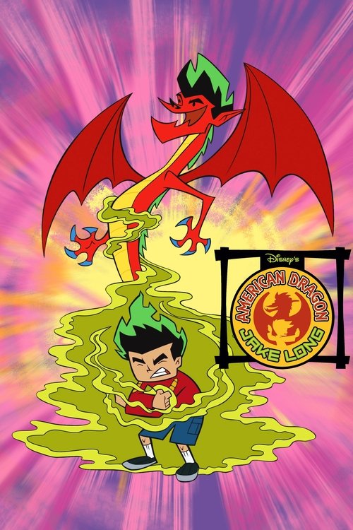 This vibrant poster features Jake Long in a dynamic pose against a swirling pink and purple background, surrounded by green energy effects. The red dragon looms above, adding a mythical touch to the energetic scene. The overall mood is lively and adventurous, capturing the spirit of the animated ...