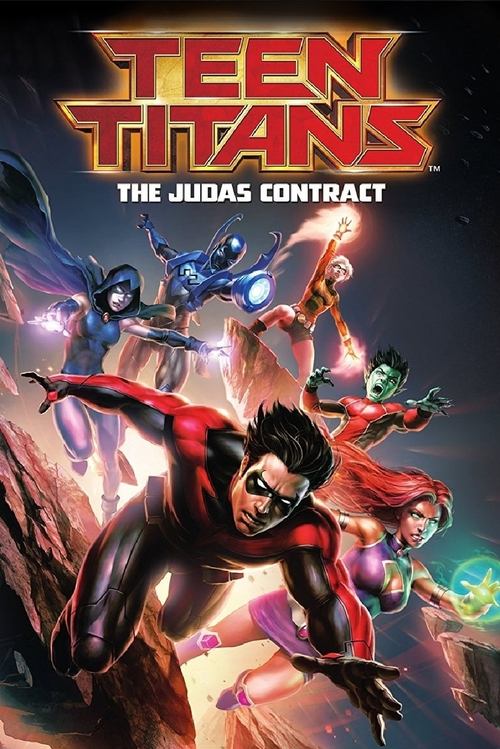 The poster features four Teen Titans characters in dynamic poses against a dark, starry background. The red and black suit of the main character dominates the foreground, while others are visible in the background, adding depth. The overall mood is adventurous and action-packed, with vibrant colo...