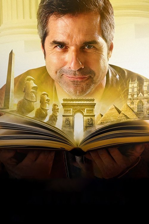 The poster features a man with a warm, contemplative smile, surrounded by golden hues and architectural details like the Eiffel Tower. The book beneath him suggests a story of discovery, while the serene atmosphere evokes a sense of mystery and nostalgia.