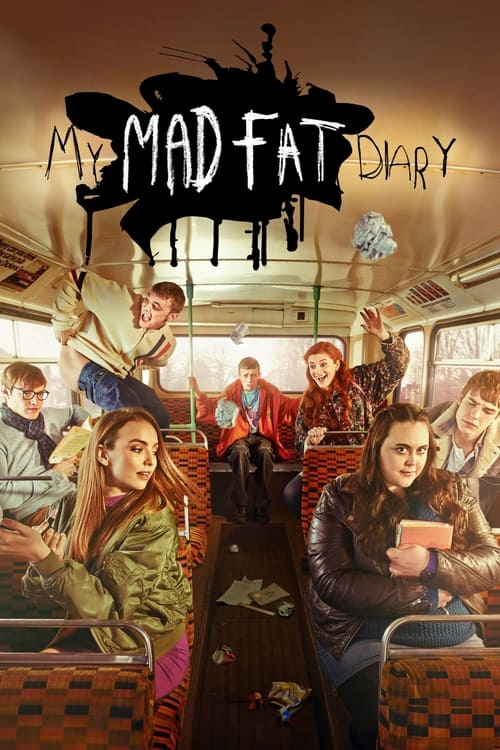 The poster features a chaotic scene inside a subway car with multiple characters in various poses, some holding drinks or phones. The warm, slightly yellowish lighting creates an energetic yet slightly surreal atmosphere. The title "My Mad Fat Diary" is prominently displayed at the top in bold, d...