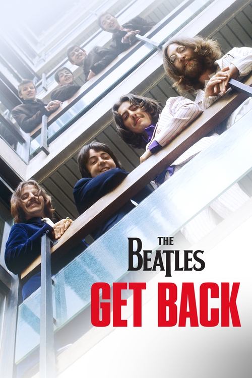 The Beatles' "Get Back" poster captures a vibrant, nostalgic atmosphere with its iconic red and white color scheme. The image features the band members in a lively, dynamic pose, exuding energy and camaraderie. The composition suggests a lively concert scene, evoking the classic era of their music.