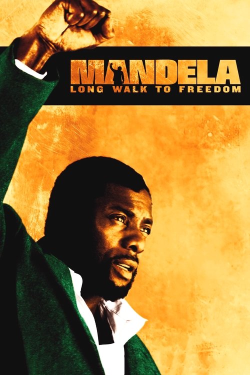 The poster features a powerful black man in a green suit, raising his fist in triumph against a warm, golden background. The title "MANDELA: LONG WALK TO FREEDOM" is prominently displayed in bold, uppercase letters. The overall mood is one of strength, hope, and historical significance, capturing...