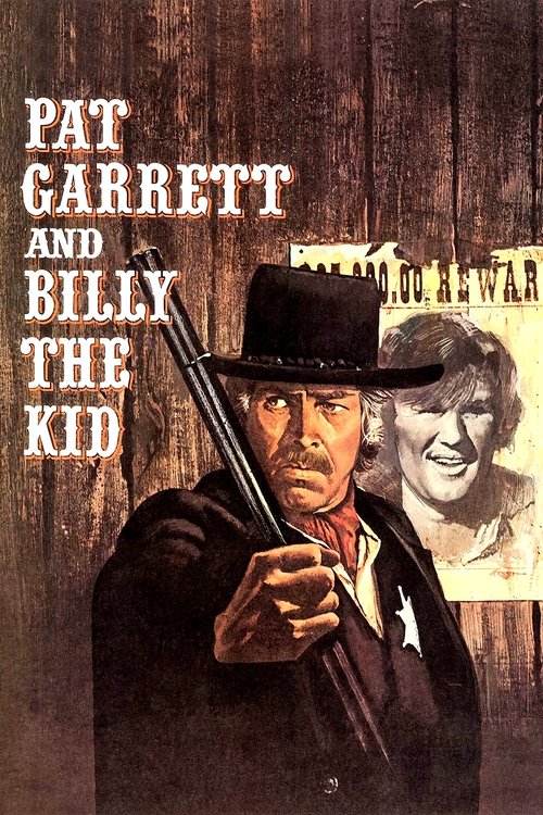 The poster features a gritty, sepia-toned image of Pat Garrett holding a shotgun, with a smoky, moody atmosphere. The title "Pat Garrett and Billy the Kid" is prominently displayed in bold, distressed typography. A sketch of Billy the Kid appears in the background, adding to the historical drama ...