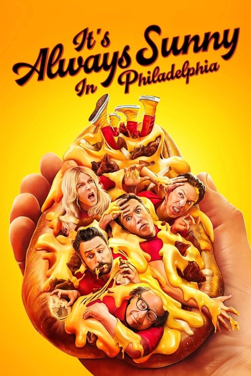 The poster features a hand holding a giant, cheesy pizza topped with numerous faces of the show's characters, all smiling and laughing. The bright yellow background and playful font convey a fun, energetic, and chaotic mood.