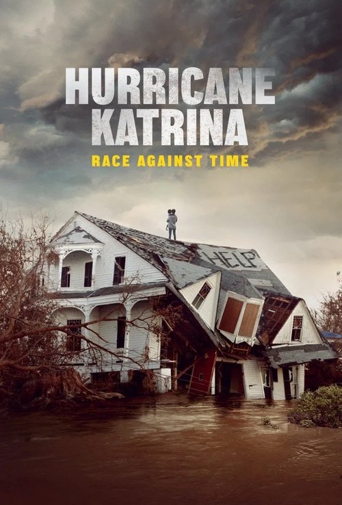 The poster features a hauntingly beautiful, dilapidated house surrounded by floodwaters, evoking a sense of impending disaster. The muted, desaturated colors and stormy sky create a somber mood, while the title "Hurricane Katrina: Race Against Time" suggests a gripping narrative about resilience ...