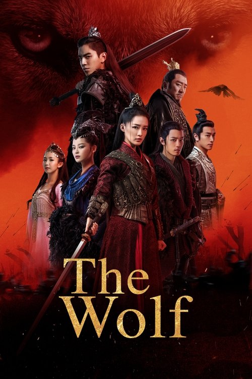 This TV show poster for "The Wolf" features a dramatic scene with six characters in period costumes against a fiery red background. The mood is intense and mysterious, suggesting a fantasy or historical drama. The title "The Wolf" is prominently displayed in bold, golden letters at the bottom.