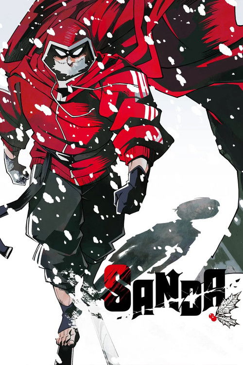 The poster features a dynamic action scene with a character in a red and black outfit, surrounded by falling snow. The bold, stylized title "SANDA" dominates the lower portion, emphasizing the show's intense and dramatic tone.
