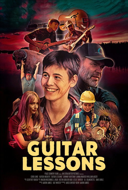The poster features a central smiling young woman surrounded by diverse musicians in various settings, including a band in a studio and a group playing instruments outdoors. The warm, earthy tones of the background contrast with the vibrant reds and blues of the foreground, creating a dynamic and...