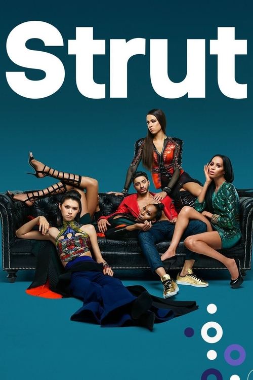 The poster features five women lounging on a black couch against a teal background, with bold white text reading "Strut." The mood is casual and relaxed, capturing the essence of a pop culture show.