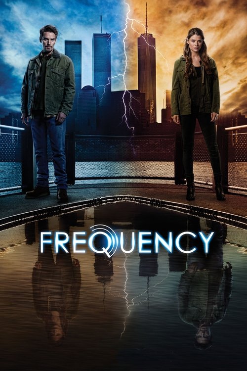 The poster features two individuals standing on a reflective platform against a dramatic cityscape backdrop. The scene is bathed in warm and cool tones, with lightning illuminating the skyline and creating a mysterious atmosphere. The title "Frequency" glows in the foreground, suggesting themes o...