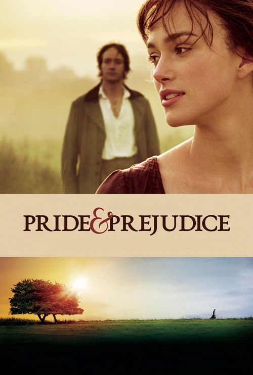 The poster features a romantic scene with a woman in the foreground and a man in the background, set against a warm sunset. The title "PRIDE & PREJUDICE" is prominently displayed in elegant typography. The overall mood is one of timeless romance and intrigue, evoking the classic tale of social st...