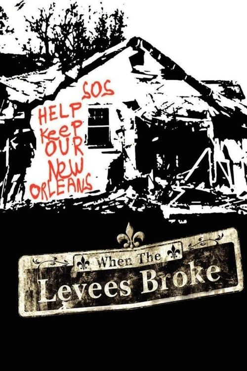 The poster features a haunting, sepia-toned image of a dilapidated house with a sign reading "HELP SOS" in red letters. Below, the title "When the Levees Broke" appears in an ornate, vintage-style font. The overall mood is somber and reflective, evoking themes of loss and resilience.