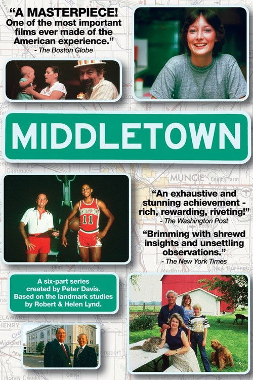 This TV show poster for "Middletown" features a vibrant green background with bold white text. It showcases a cheerful woman in a green shirt, a man in a red shirt, and a family of three enjoying outdoor activities. The poster conveys a warm, inviting, and family-oriented mood through its colorfu...