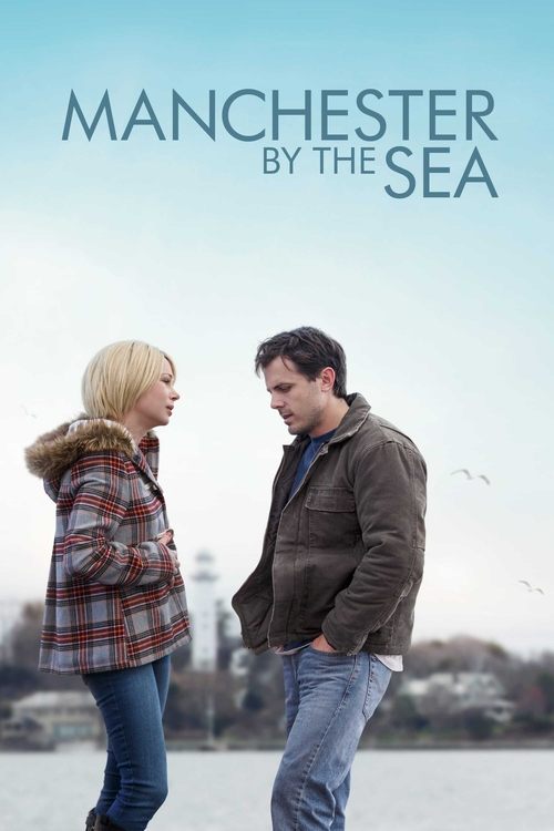 The poster features a man and woman standing on a snowy beach, gazing at each other with an emotional connection. The muted tones of the film's title and clothing contrast with the bright blue sky, evoking a sense of introspection and romance.