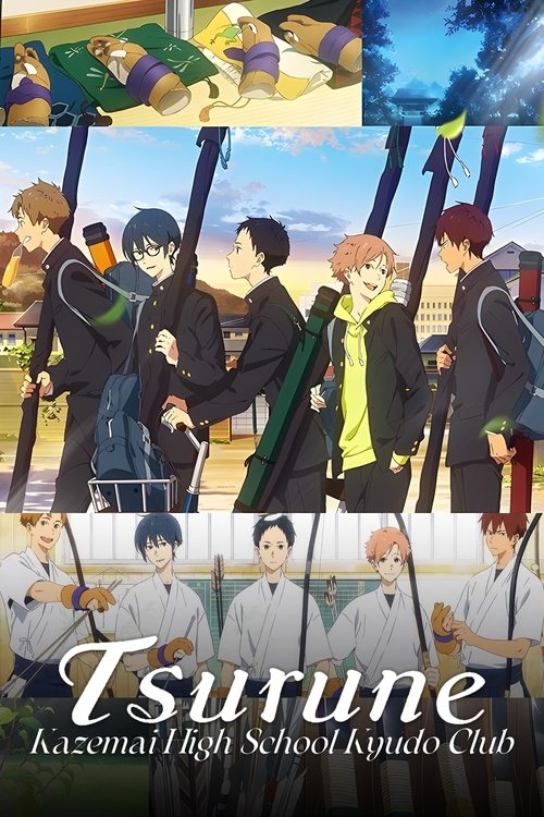 The poster features a vibrant scene of students in colorful uniforms, with dynamic poses suggesting action and camaraderie. The warm tones of the uniforms contrast with the bright blue sky, creating a lively atmosphere. The title "Tsurune" is prominently displayed in elegant script, emphasizing t...