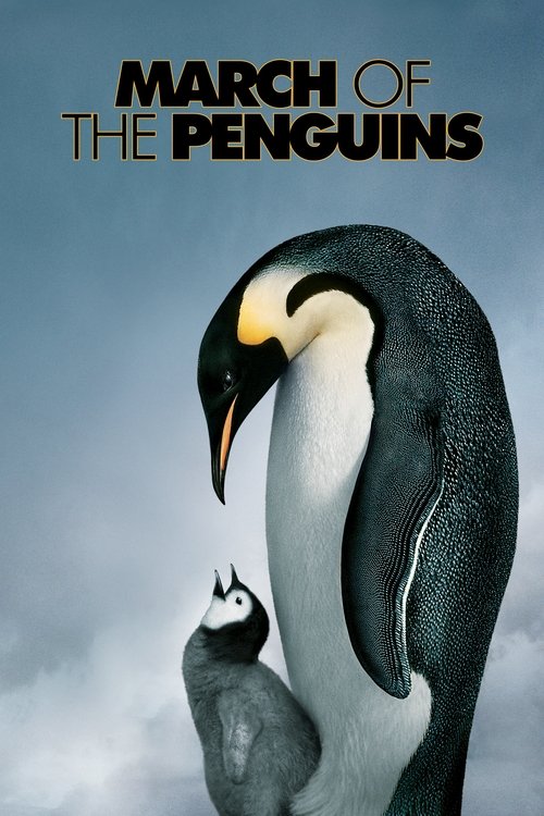 The poster features a majestic emperor penguin and its chick against a soft, misty backdrop. The warm tones of the penguins contrast with the cool, muted sky, evoking a serene and adventurous mood.