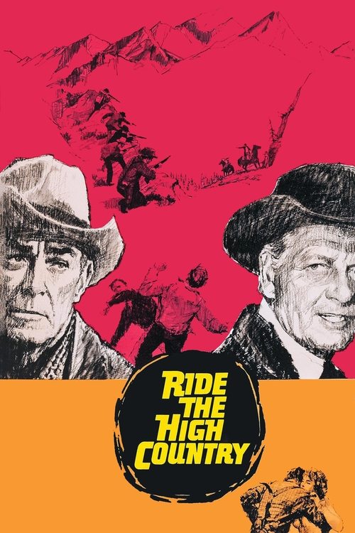 The poster features two rugged cowboys in sepia tones against a vibrant red background, evoking a classic Western atmosphere. The bold yellow text "RIDE THE HIGH COUNTRY" stands out, suggesting an adventurous journey through untamed landscapes. The overall design conveys a sense of freedom and ex...