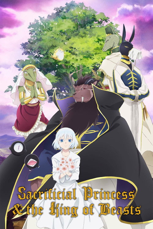 The poster features a dramatic scene with a regal princess in white and a mysterious beast in black, set against a mystical purple sky. The mood is mysterious and enchanting, with golden accents and glowing orbs adding to the magical atmosphere.