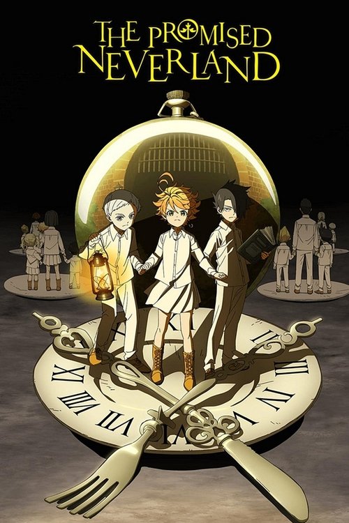 The poster features three characters standing in front of a large, golden clock face with Roman numerals. The characters are dressed in white and black, with one holding a yellow bag. The background shows silhouettes of people in various poses, suggesting a mysterious and eerie atmosphere. The ov...