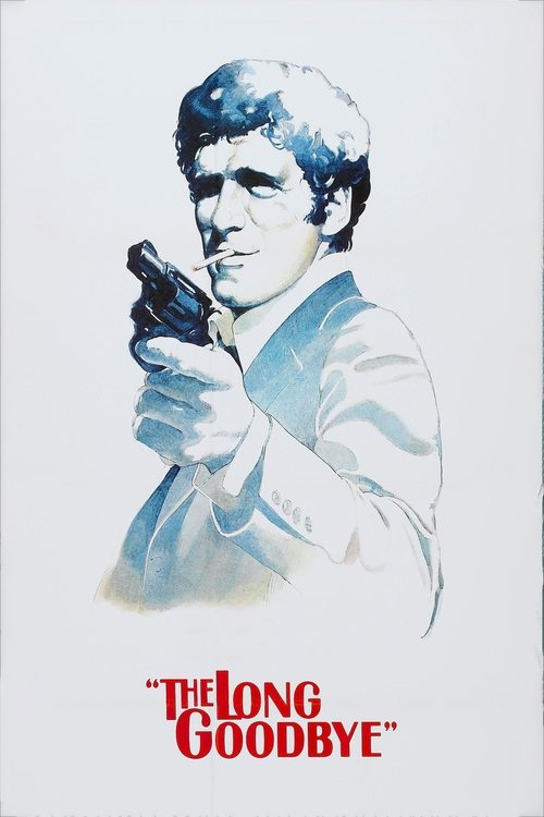 This movie poster features a striking illustration of a man in a white suit holding a gun, set against a minimalist white background. The bold red text at the bottom reads "THE LONG GOODBYE," evoking a sense of urgency and drama. The overall composition conveys a dramatic and suspenseful mood.