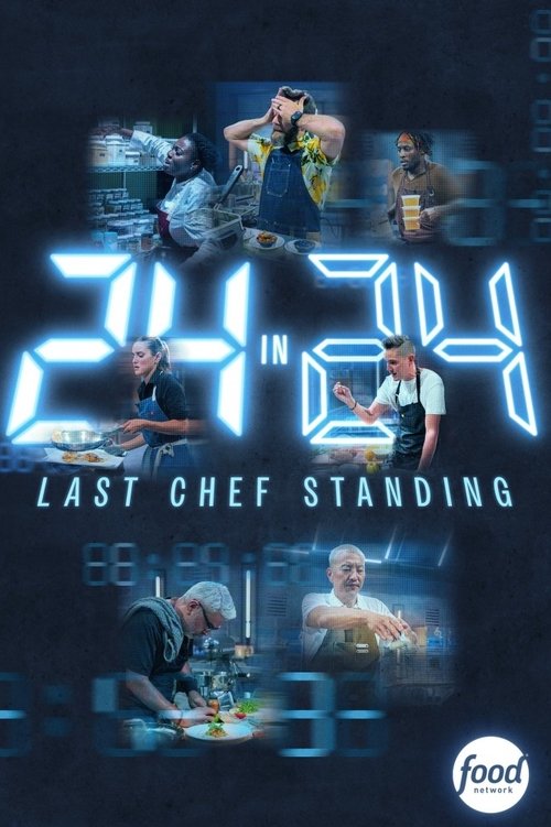 The poster features a dark, moody background with glowing blue neon text. Several chefs are depicted in various action poses, some holding plates, others working at tables. The mood is intense and dramatic, suggesting high-stakes cooking competitions. The overall design conveys a sense of urgency...
