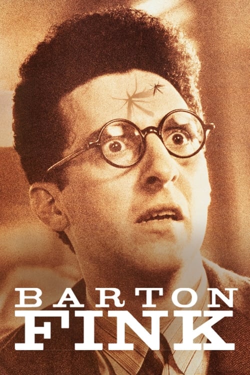 The poster features a close-up of Barton Fink, his wide-eyed expression conveying shock and confusion. The warm, sepia-toned background adds to the film's mysterious and slightly eerie atmosphere. The bold, white text "BARTON FINK" stands out against the darker, shadowy tones, emphasizing the cha...