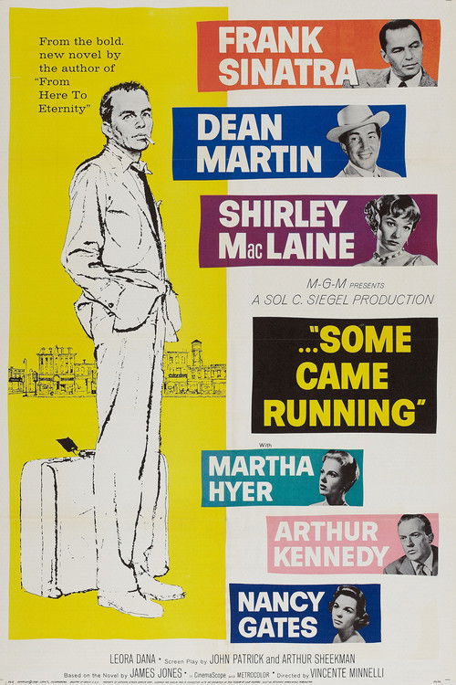 A vibrant yellow poster featuring Frank Sinatra, Dean Martin, Shirley MacLaine, Martha Hyer, Arthur Kennedy, and Nancy Gates. Bold red and black text announces the film's title and genre. The image evokes a sense of classic Hollywood glamour and excitement.