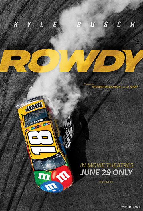 The poster features a gritty, high-contrast design with bold yellow text against a dark background. A racing car with the number 18 and an M&M logo is prominently displayed, emitting smoke, suggesting action and speed. The overall mood is intense and energetic, capturing the essence of a thrillin...