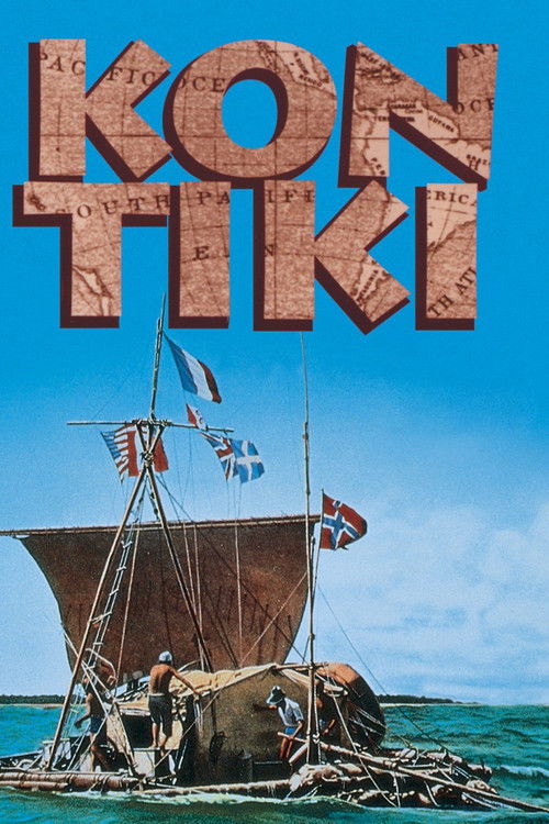 A mysterious wooden ship sails through turquoise waters under a bright blue sky, with the title "Kon-Tiki" in bold, textured letters. The scene evokes adventure and mystery, capturing the essence of an epic journey.