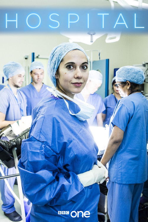 The poster features a woman in blue scrubs and a surgical cap, exuding professionalism and calmness. She stands in a hospital corridor with other medical staff in matching blue uniforms, creating a cohesive and sterile atmosphere. The bright lighting and clinical setting evoke a sense of urgency ...