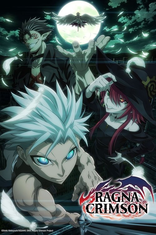 This poster features a dramatic scene with Ragna Crimson in the foreground, his intense blue eyes and spiky white hair dominating the composition. Behind him, a mysterious figure with glowing eyes and a bat-like silhouette looms against a moonlit backdrop, creating an eerie, suspenseful atmospher...
