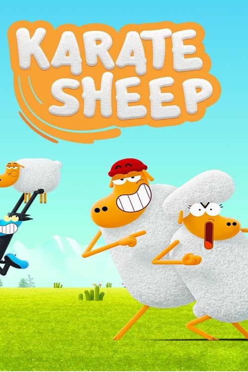 The cartoon features two sheep in action, one with a red hat and the other with a surprised expression, both wearing orange karate-style uniforms. The bright green grassy background and cheerful sky create a lively, energetic atmosphere. The playful design and exaggerated expressions suggest a fu...