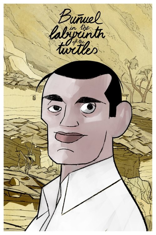 The poster features a stylized, cartoonish Buñuel with a serious expression against a sepia-toned desert landscape. The warm, muted colors evoke a nostalgic, melancholic mood, capturing the essence of his surreal, dreamlike world.