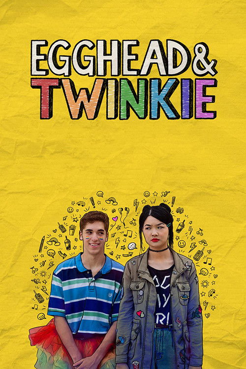 The poster features two young people against a vibrant yellow background, with the title "EGGHEAD & TWINKIE" in playful, colorful letters. The mood is cheerful and youthful, capturing a fun and relatable summer vibe.